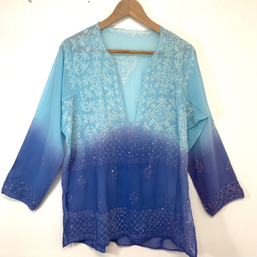 Ombre Blue Beaded‎ Embroidered Tunic V-Neck Top Boho Sheer Sequin Large 3/4 Slv